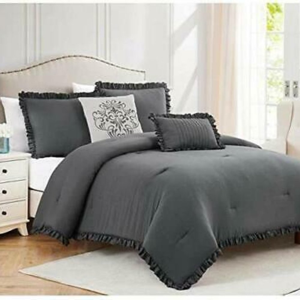 Olivia Gray Portland Ruffled Comforter Charcoal